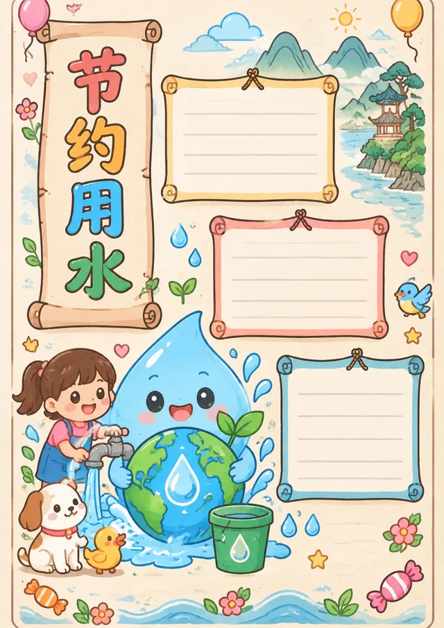 画卷分层版式示例：节约用水主题手抄报